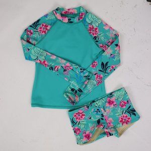 Land's End Girls Two Piece Swimsuit Long Sleeve Rash Guard Boyshort Swim Bottom